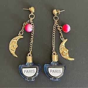 Elegant Gold tone Blue Paris perfume bottle Moon Earrings
